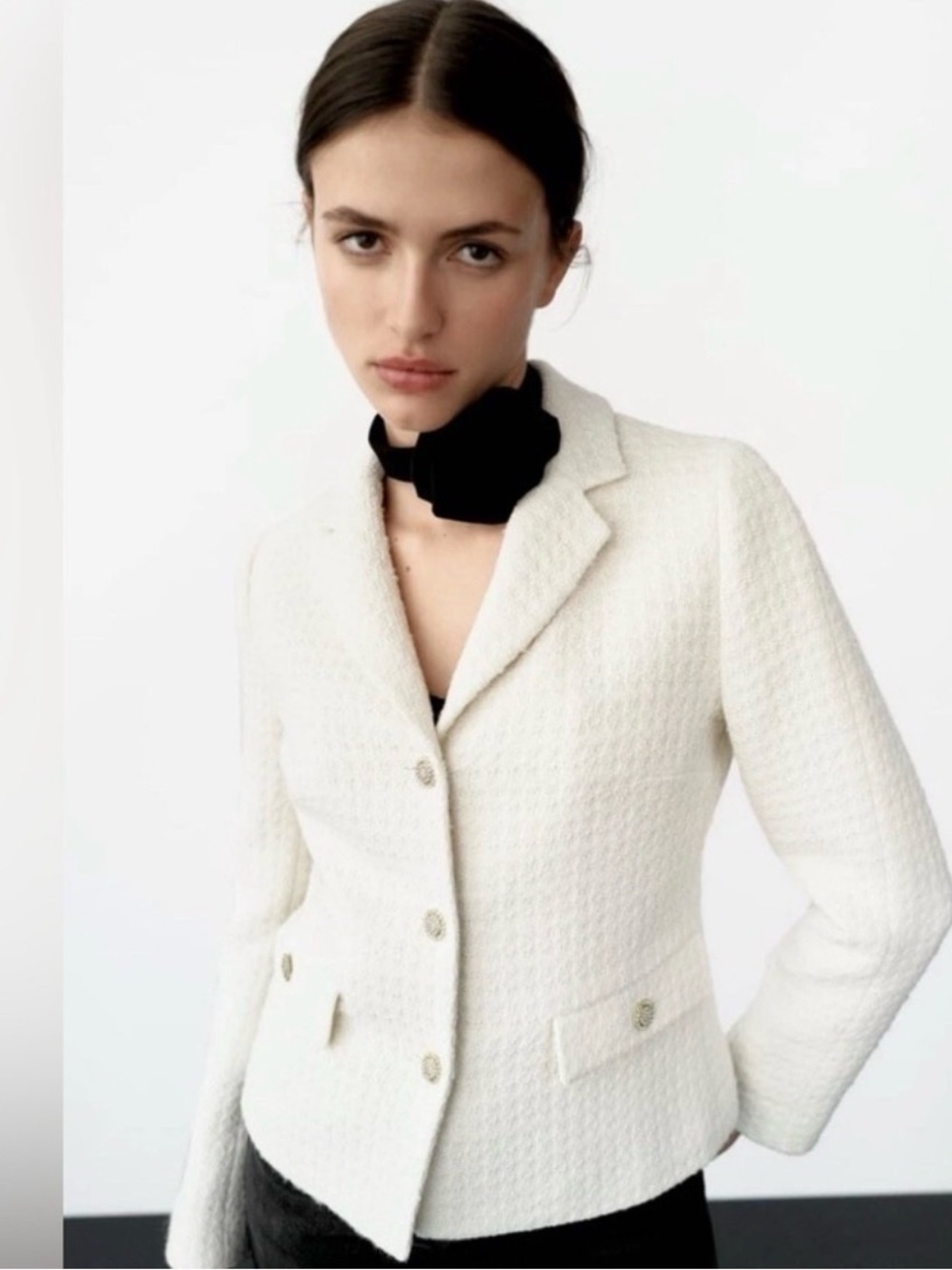 Zara Cream Textured Tailored Blazer
